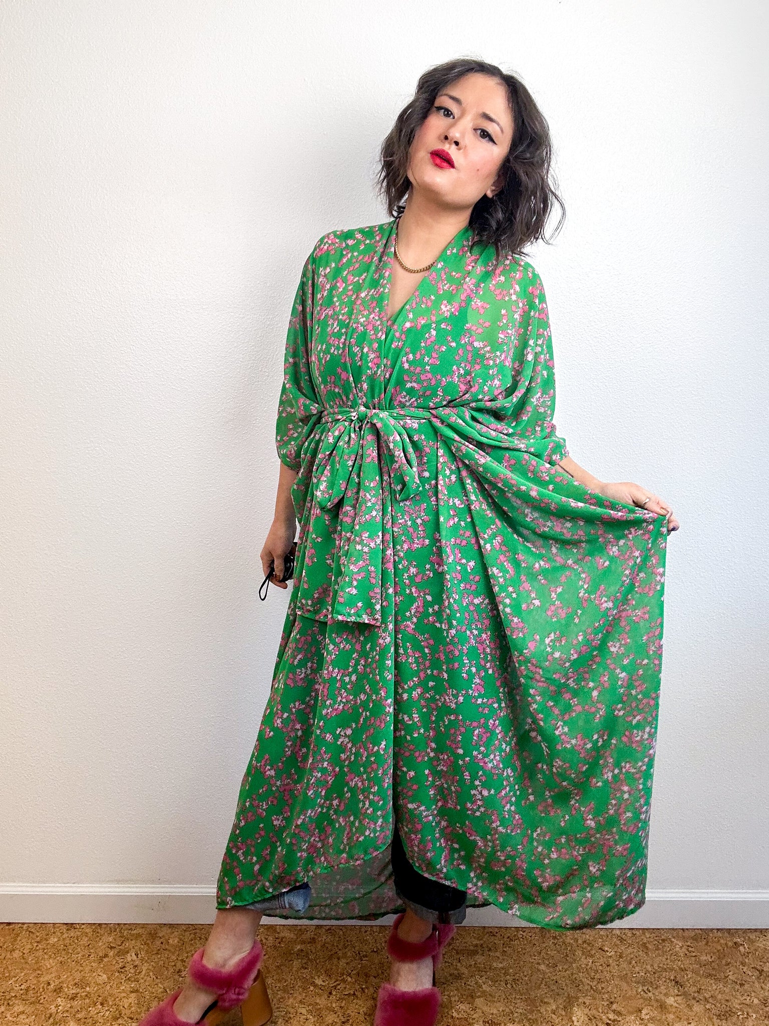 Print High Low Kimono Green Pink Mini Tulip Chiffon