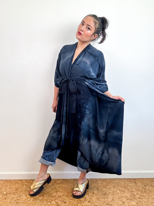 Hand-Dyed High Low Kimono Soft Black Lines