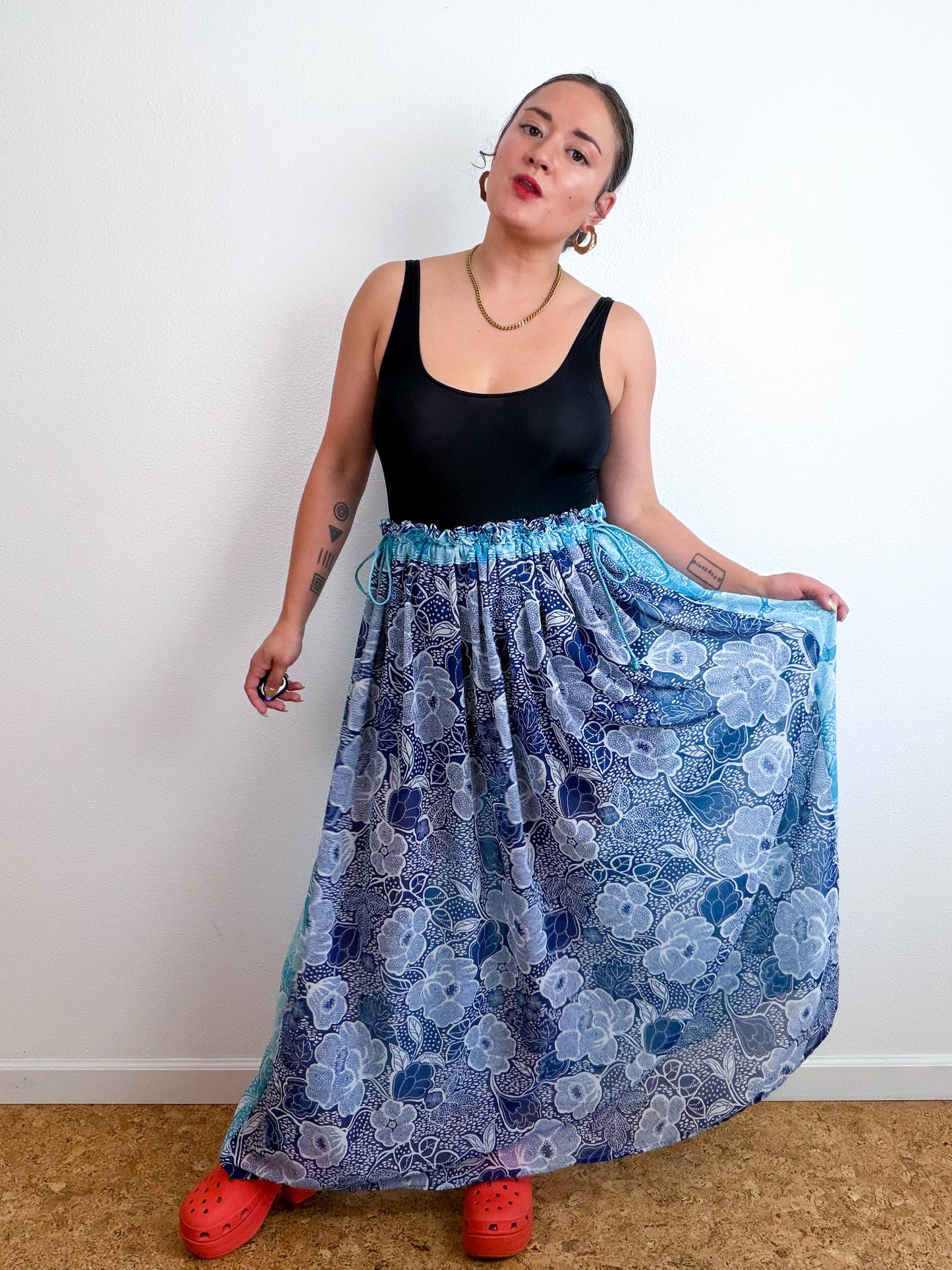 THE SKIRT Navy Aqua Floral Reversible Chiffon