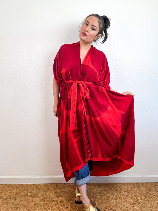 Hand-Dyed High Low Kimono Scarlet Maroon Arc