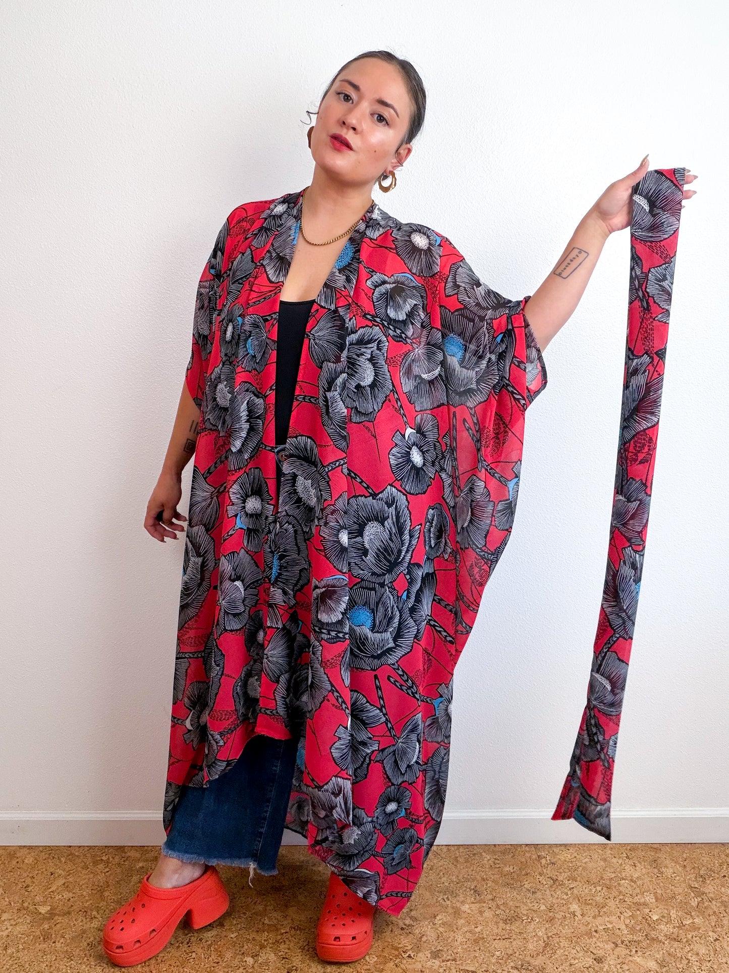 Print High Low Kimono Red Poppy Chiffon