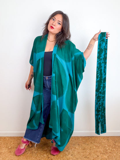 Hand-Dyed High Low Kimono Turquoise Forest Arc