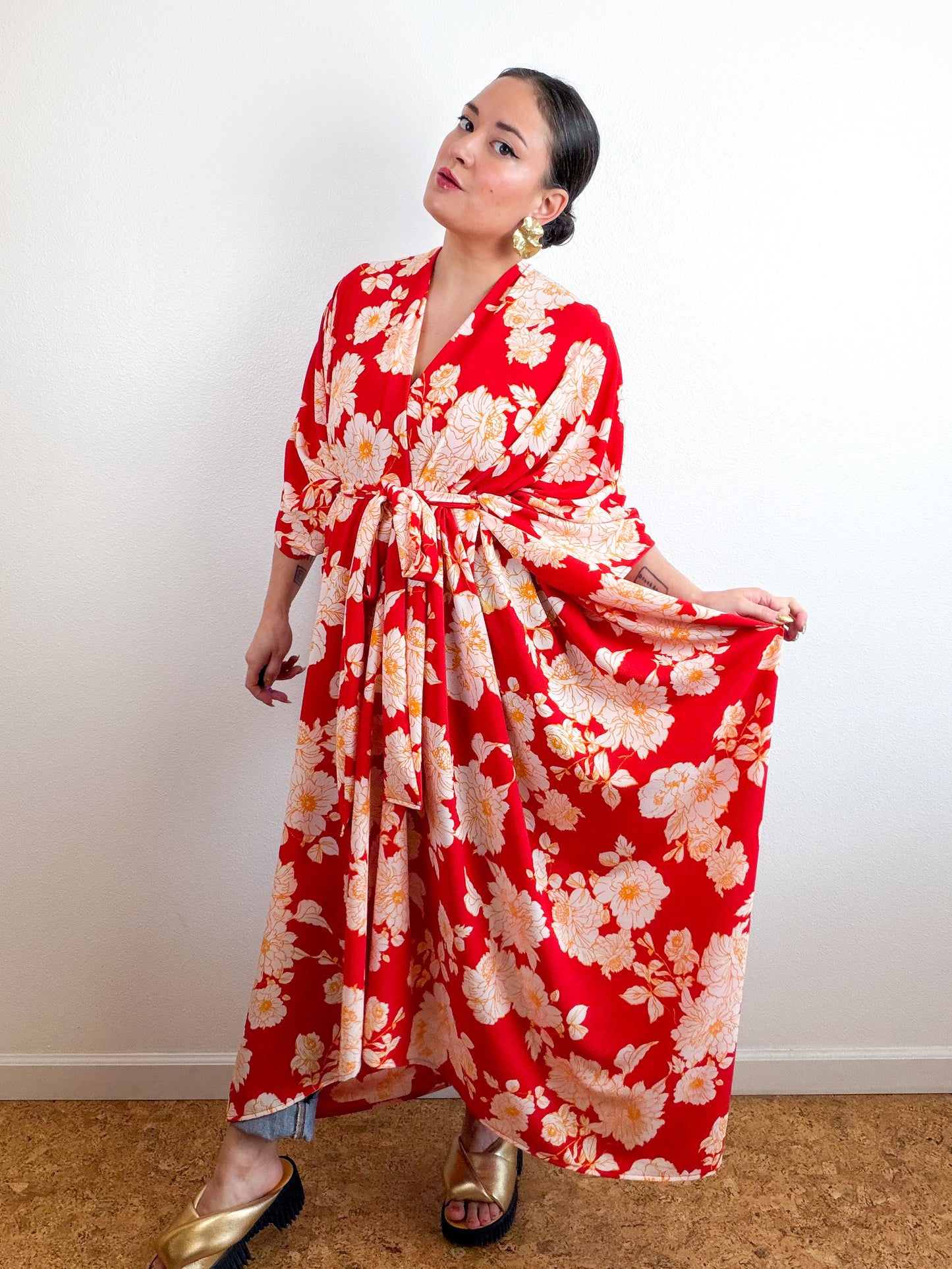 Print High Low Kimono Red Yellow Floral Bubble Crepe