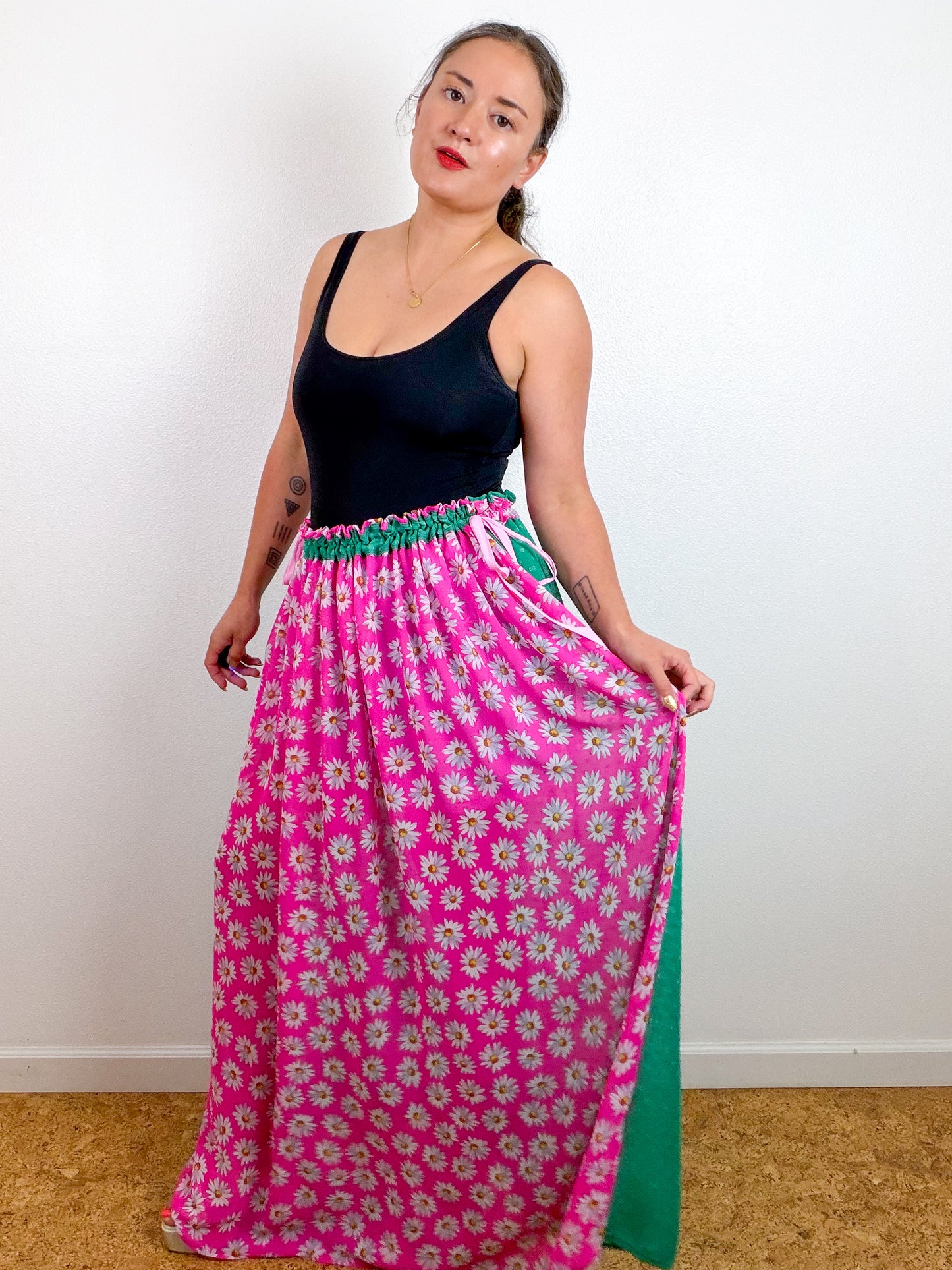 THE SKIRT Light Pink Daisy Green Swiss Dot Reversible Chiffon