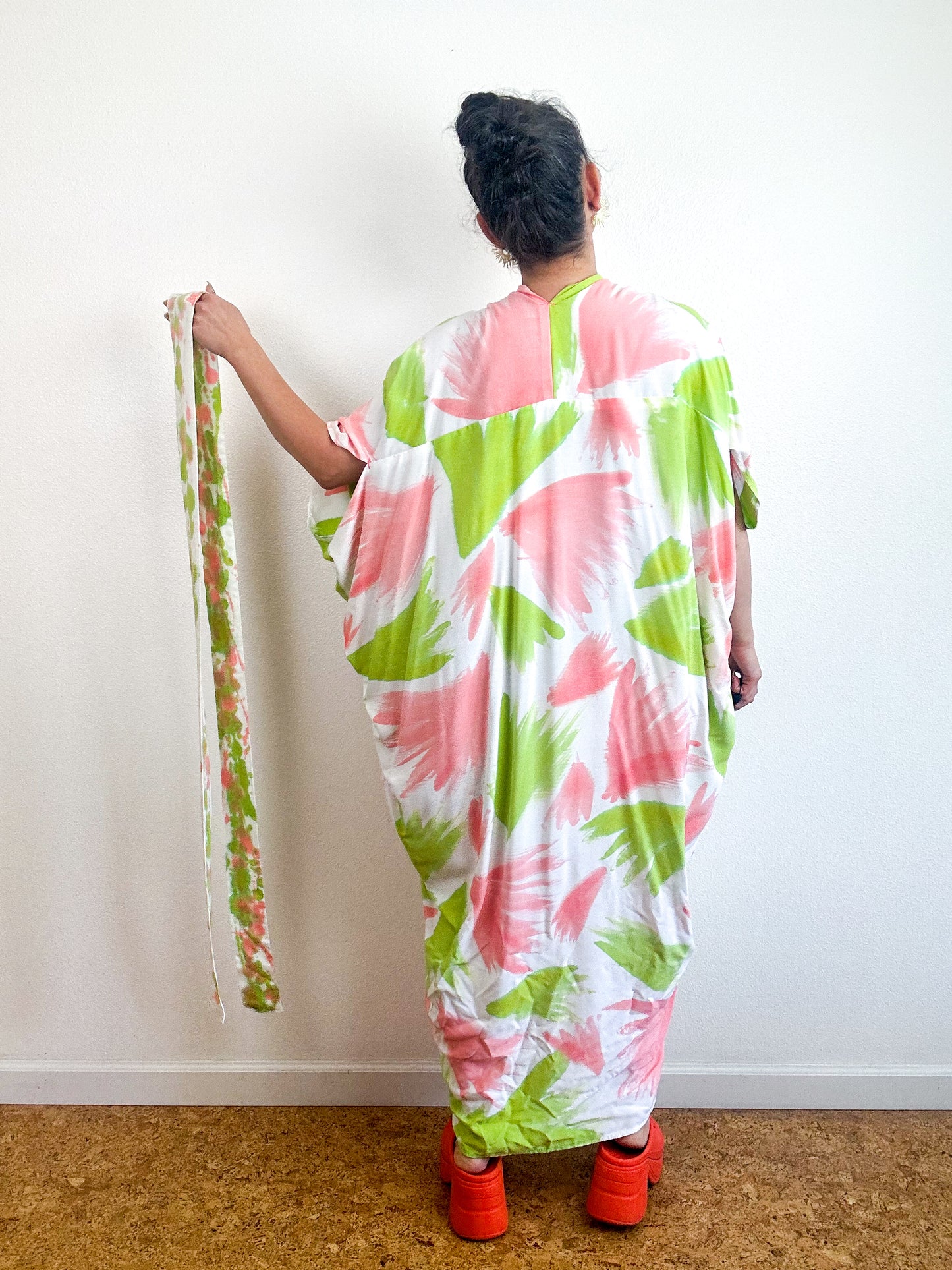 Hand-Dyed High Low Kimono Lime Peach Painterly