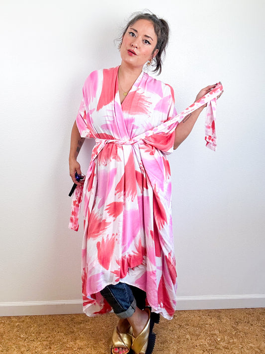 Hand-Dyed High Low Kimono Pink Scarlet Palms