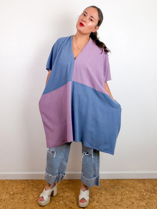 Linen Blend Caftan Dress Lavender Blue Color Block