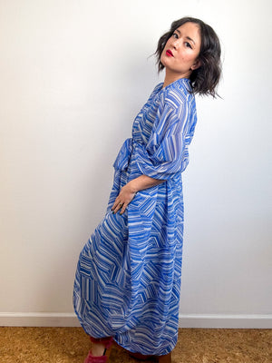 Print High Low Kimono Blue Lines Chiffon