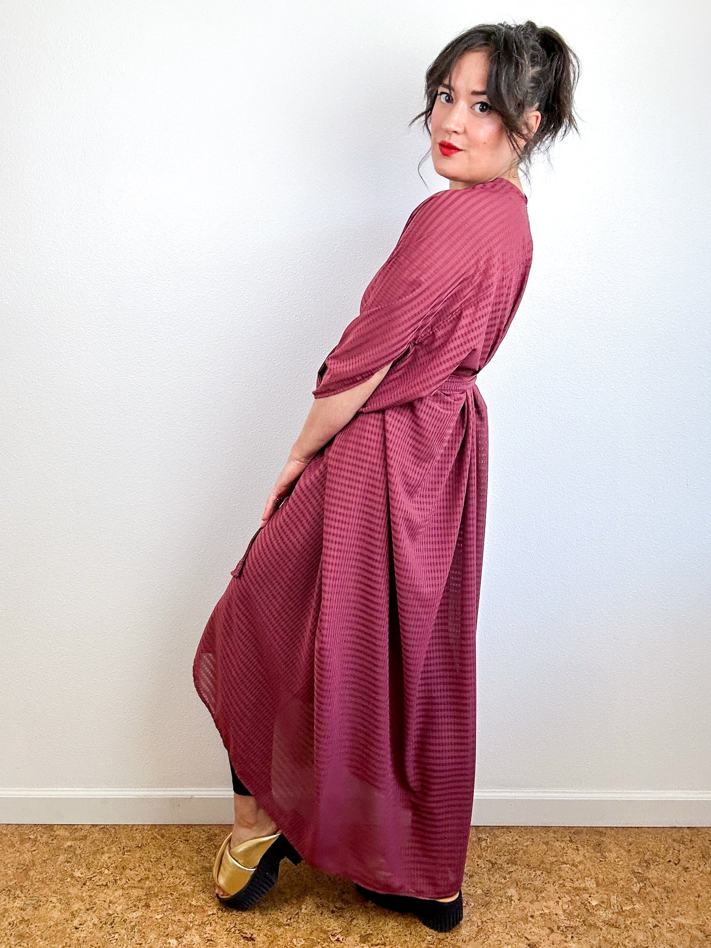 Print High Low Kimono Maroon Gingham Chiffon