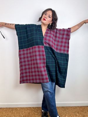 Oversized Patchwork Plaid Smock Dress Forest Maroon