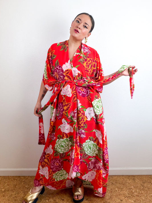 Print High Low Kimono Red Peony Bubble Crepe