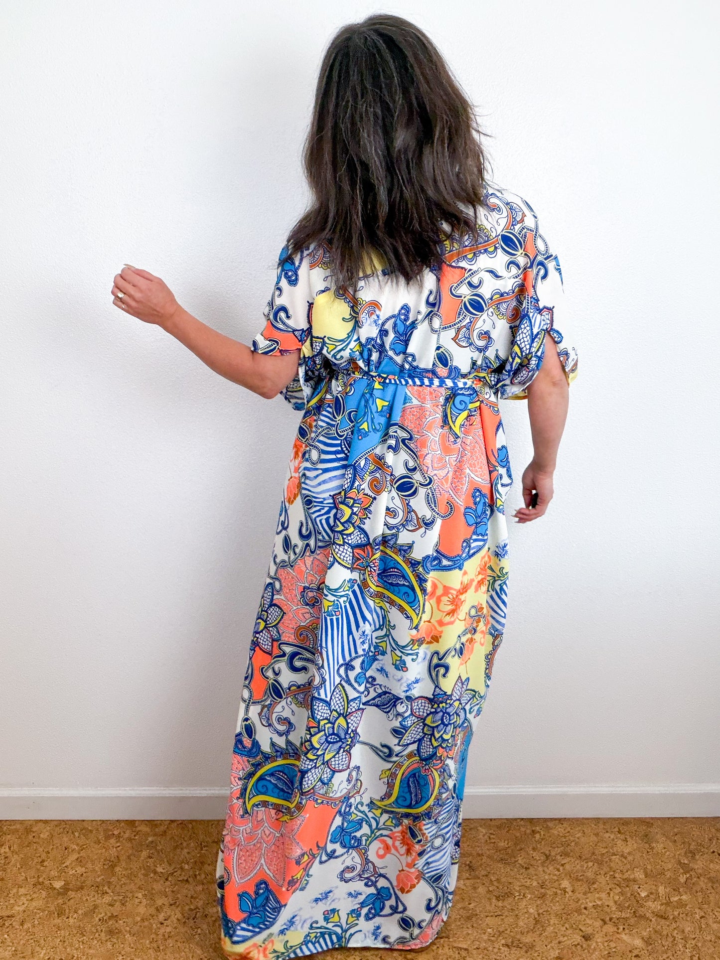 Print High Low Kimono Orange Turquoise Paisley Bubble Crepe