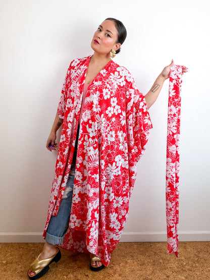 Print High Low Kimono Red White Floral Bubble Crepe