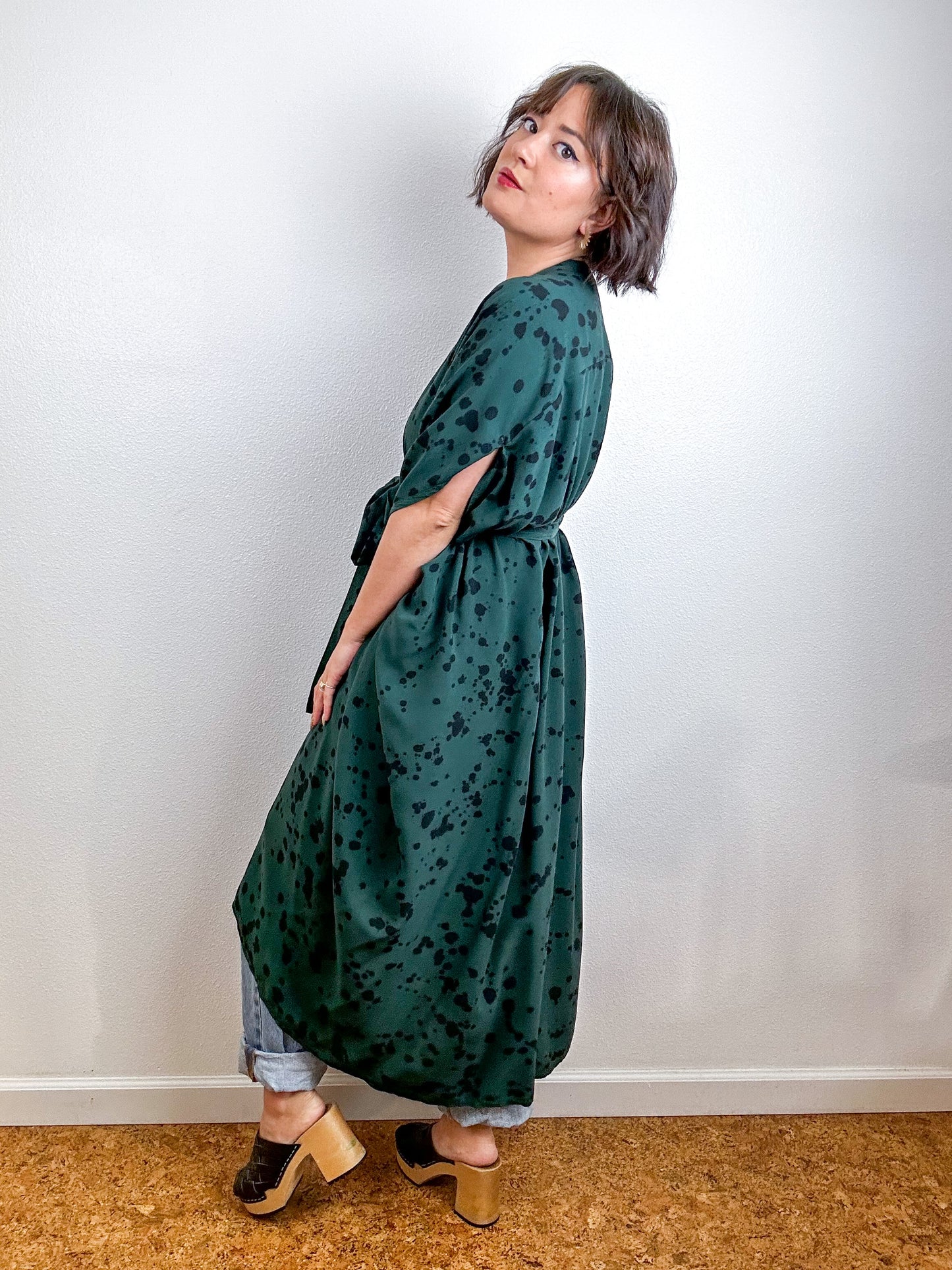 Hand-Dyed High Low Kimono Forest Black Speckle