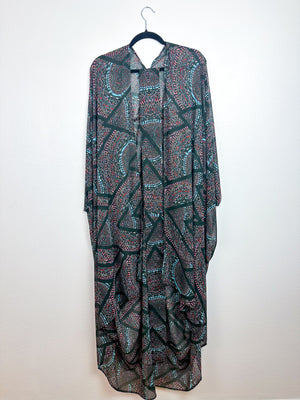 Print High Low Kimono Black Magenta Geo Chiffon