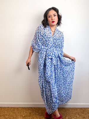 Print High Low Kimono Blue Petals Chiffon