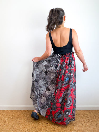 THE SKIRT Red Poppy Black Floral Reversible Chiffon