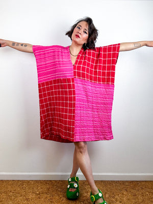 Oversized Windowpane Seersucker Smock Dress Pink Red