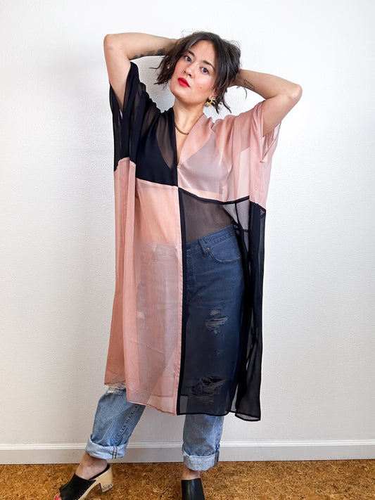 SILK Color Block Midi Caftan Dress Blush Black