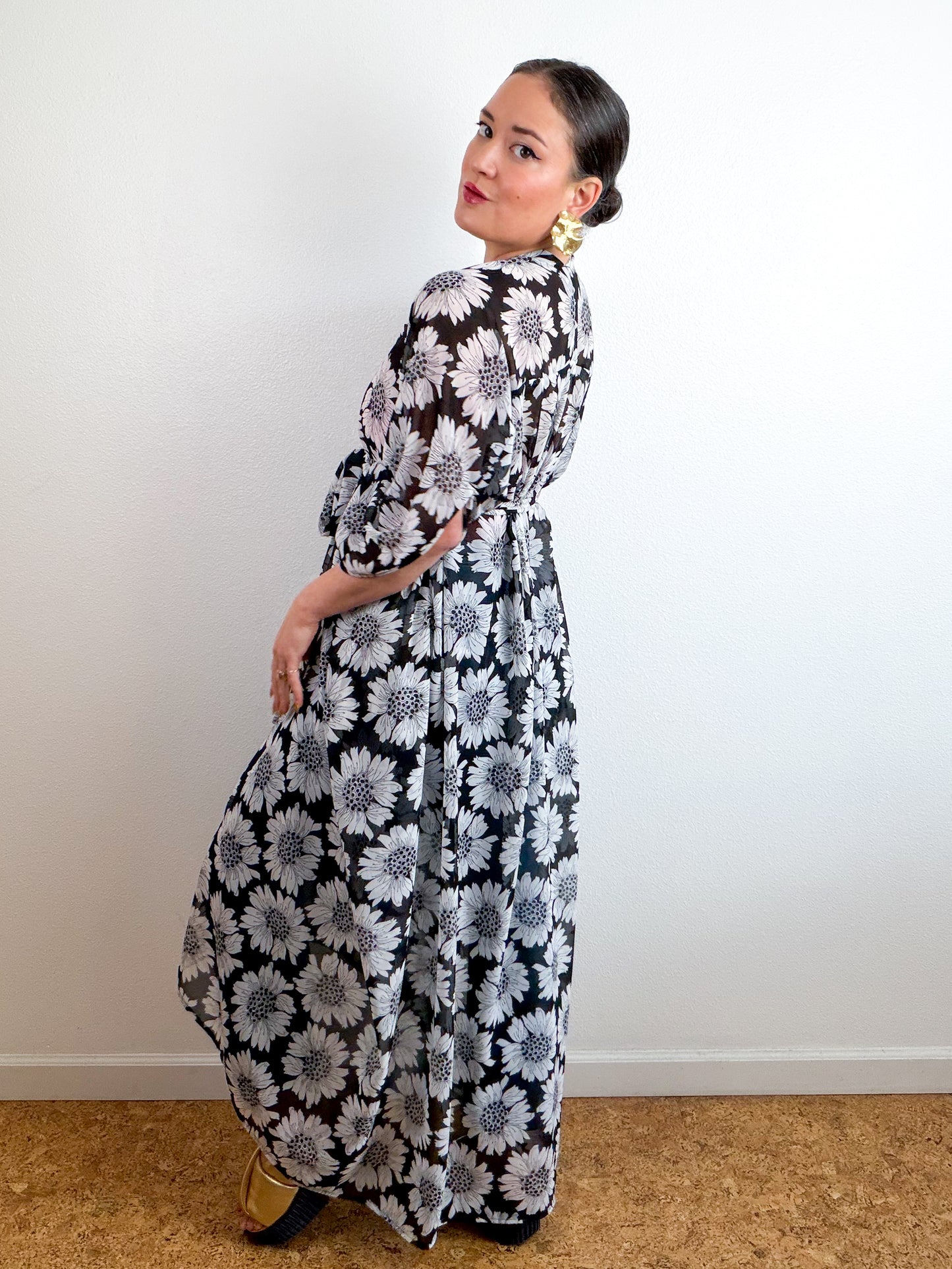 Print High Low Kimono Black Daisy Chiffon