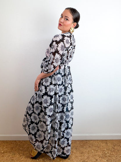 Print High Low Kimono Black Daisy Chiffon