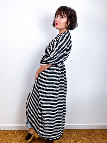 Print High Low Kimono Black White Tan Stripe Georgette
