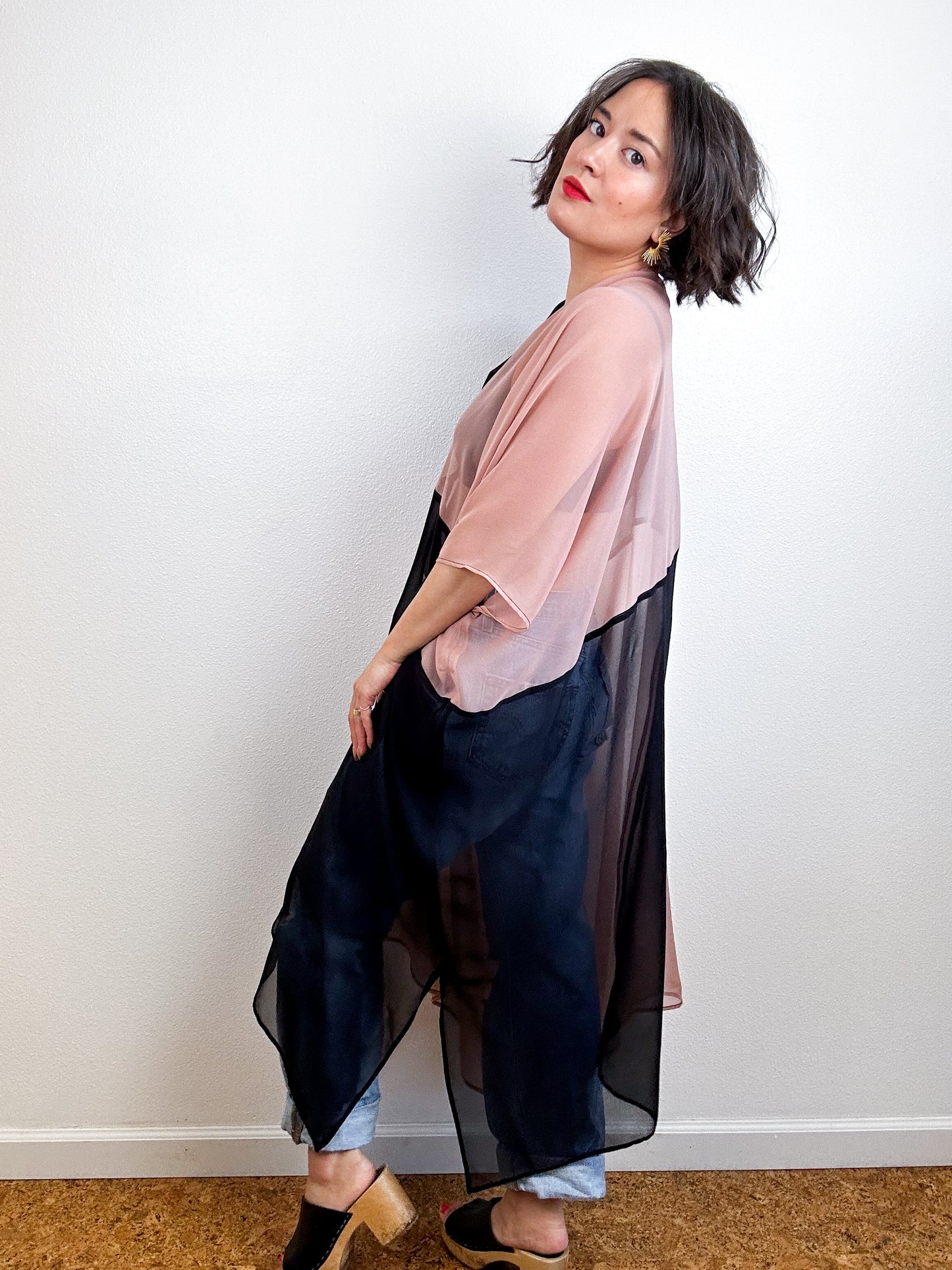 SILK Color Block Midi Caftan Dress Blush Black