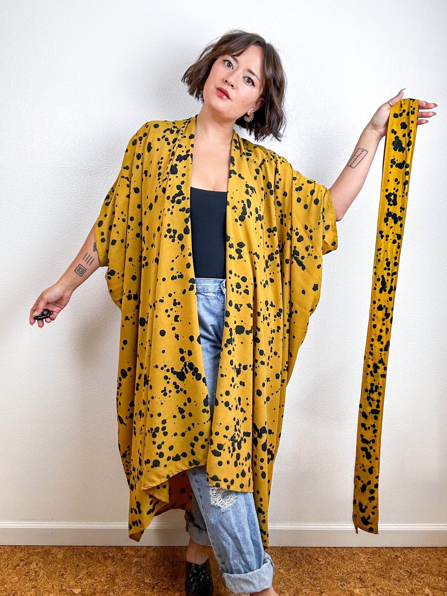 Hand-Dyed High Low Kimono Marigold Black Speckle