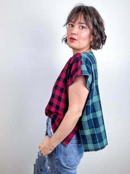 Flip Crop Plaid Flannel Red Check Sage