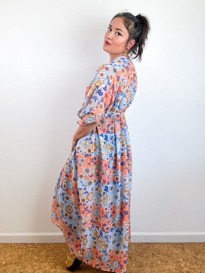 Print High Low Kimono Peach Blue Floral Stripe Crinkle Chiffon