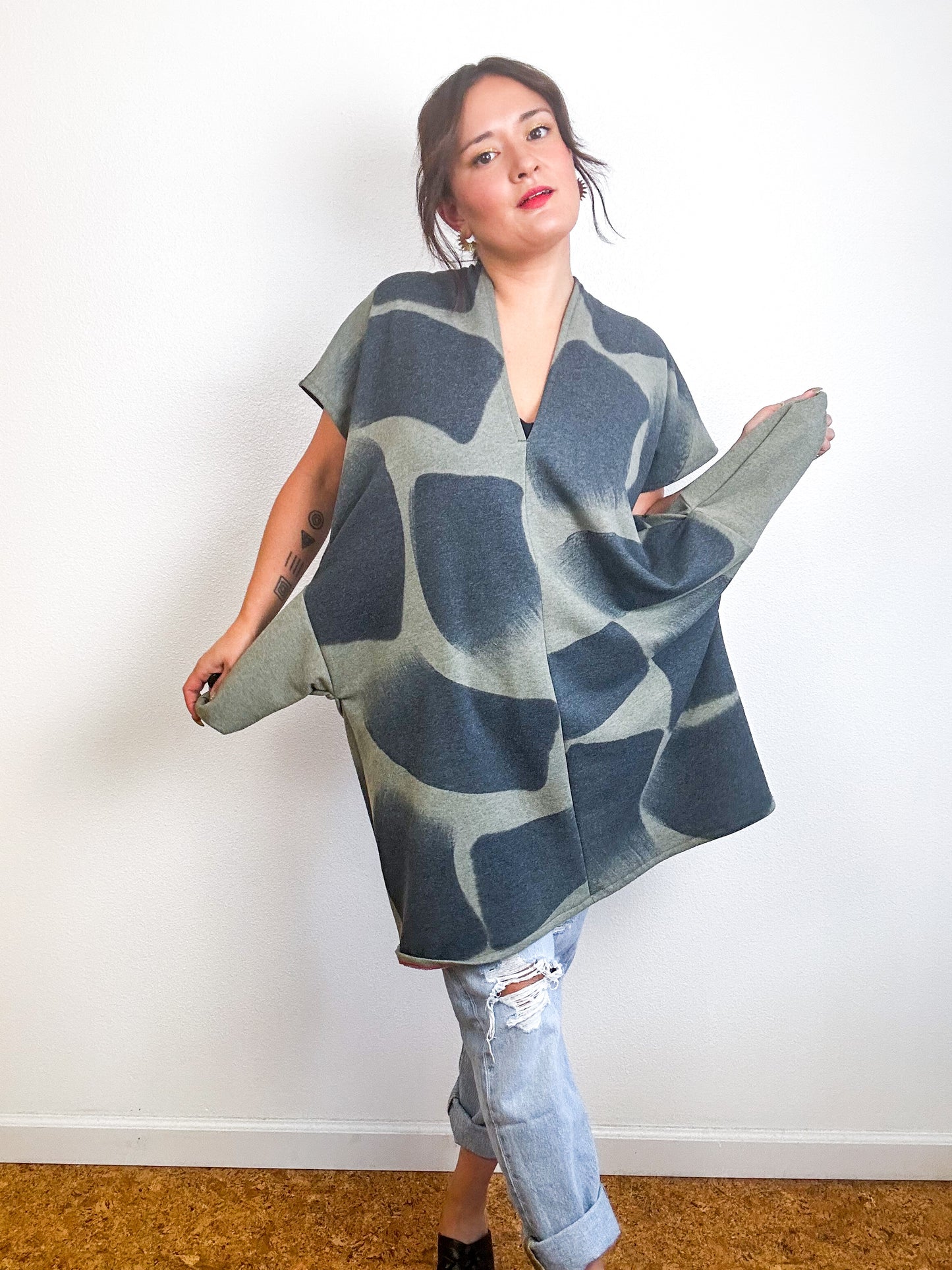 Hand-Dyed Mini Sweatshirt Smock Dress Sage Brushtroke