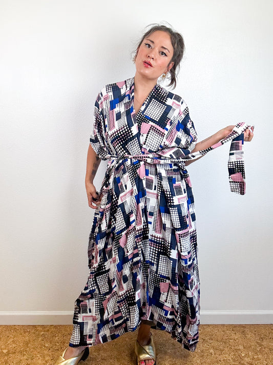 Print High Low Kimono Blue Pink Grid Challis