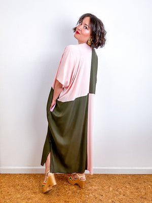 Color Block Midi Caftan Dress Olive Blush