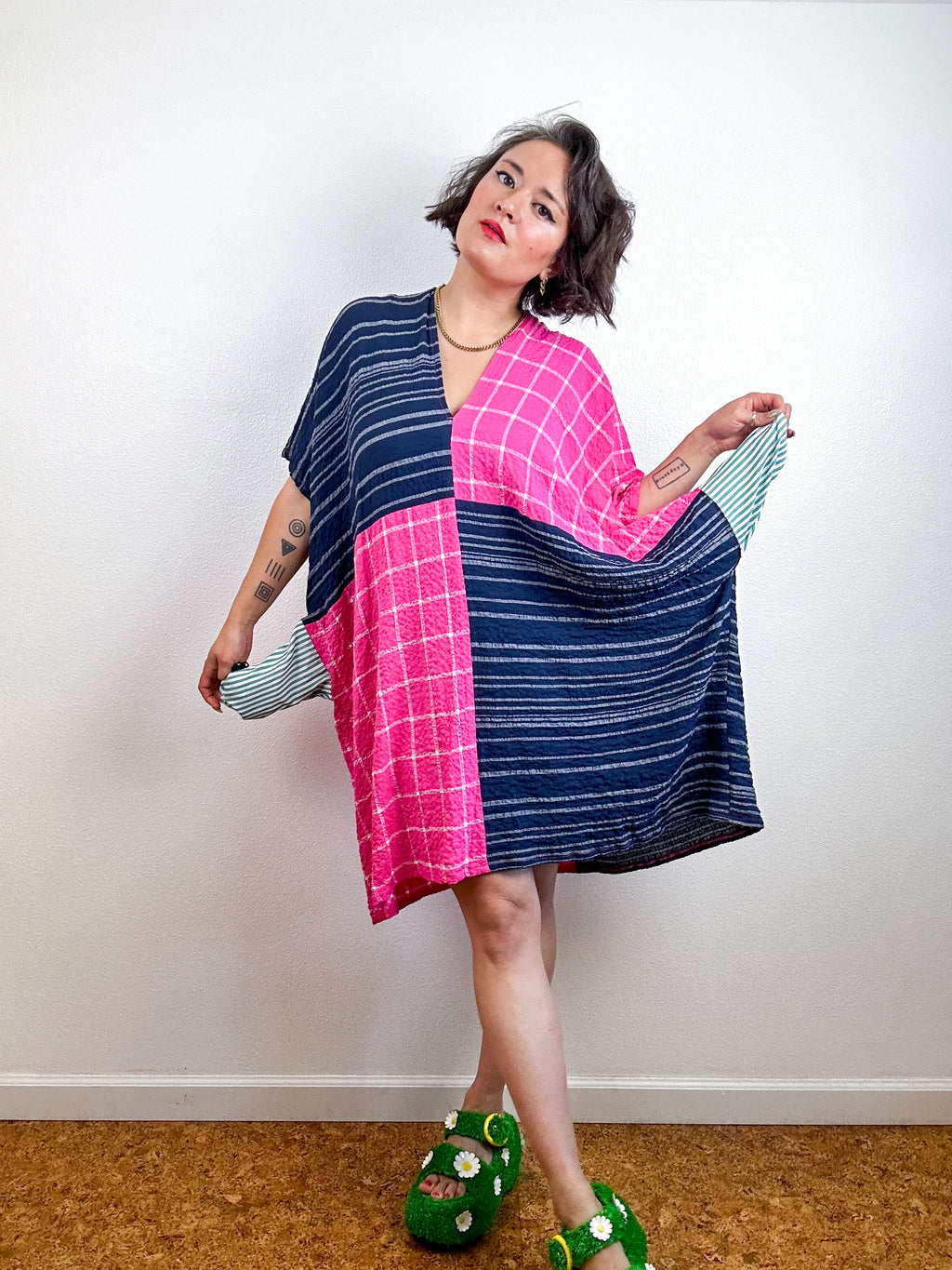 Oversized Windowpane Seersucker Smock Dress Pink Navy