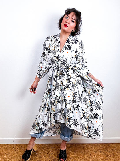 Print High Low Kimono White Palms Challis