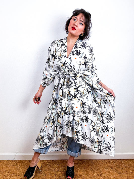 Print High Low Kimono White Palms Challis