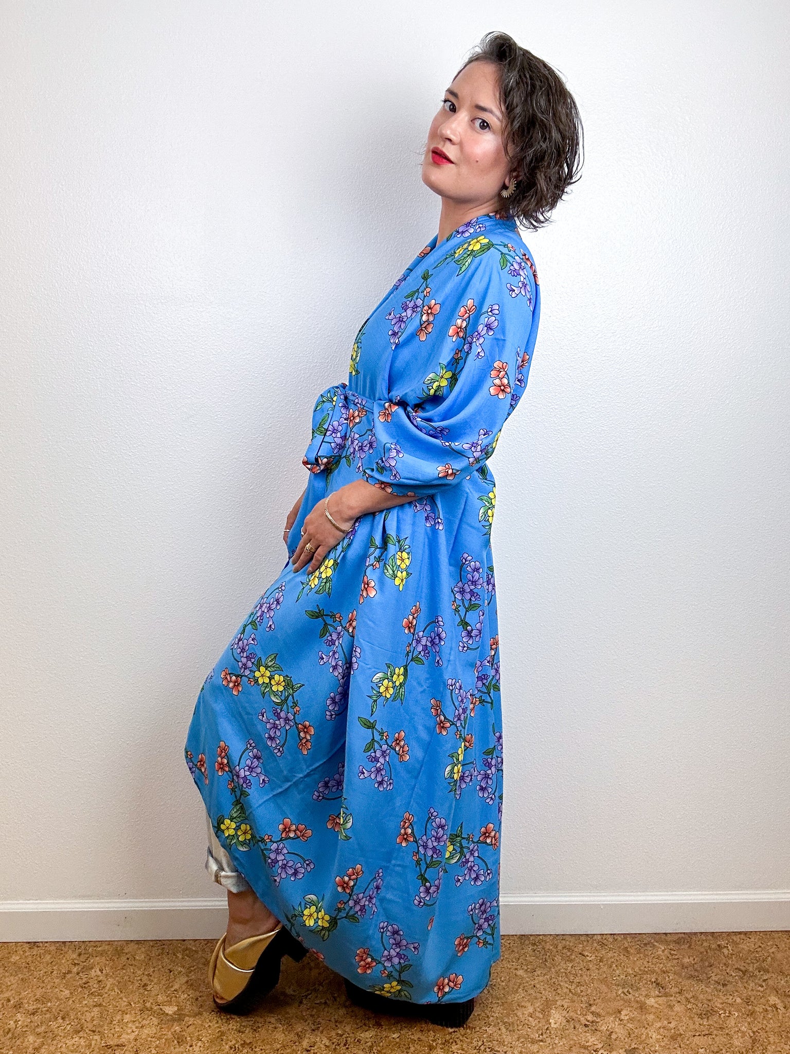 Print High Low Kimono Turquoise Floral Challis