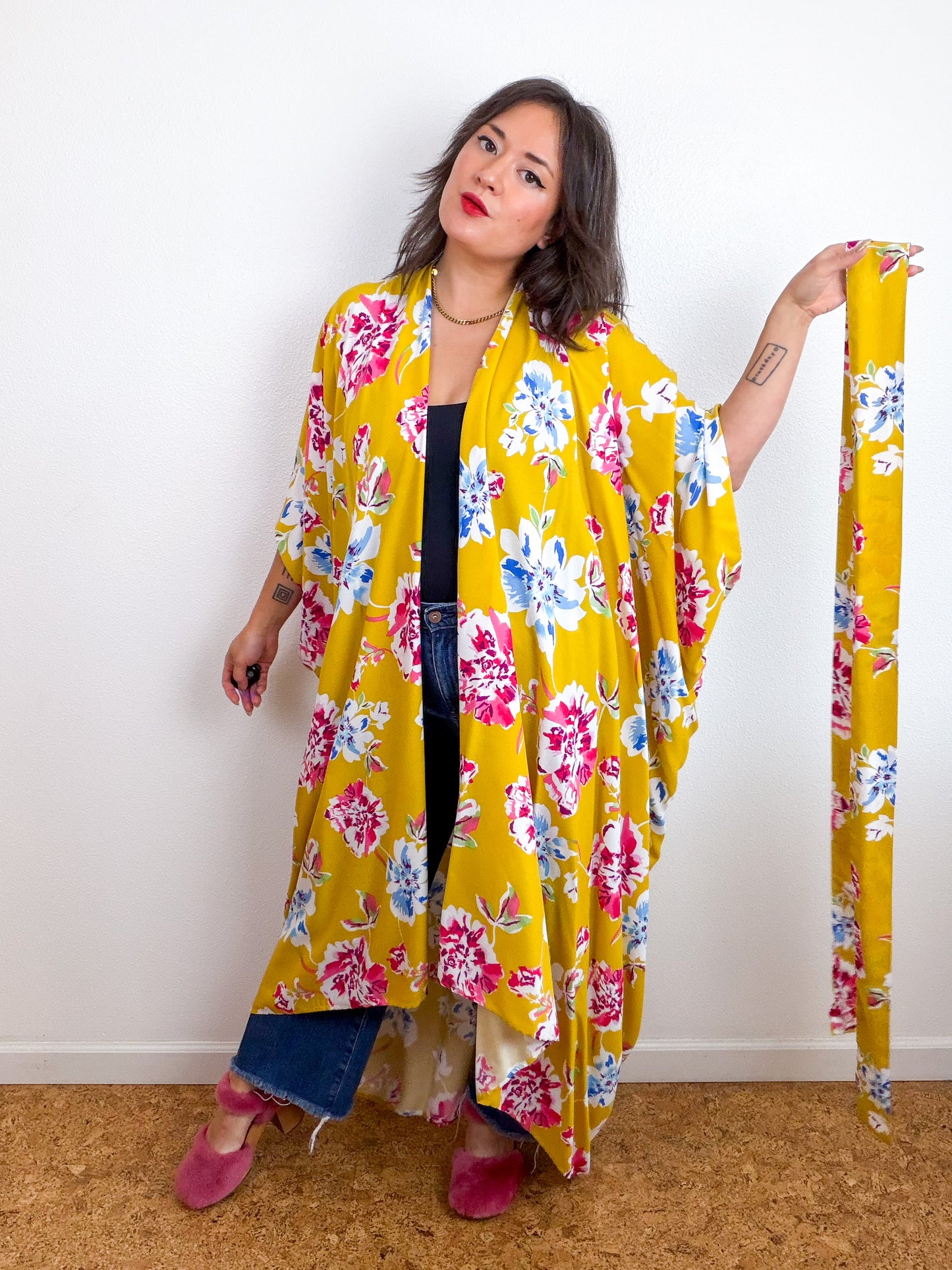 Print High Low Kimono Mustard Floral Challis