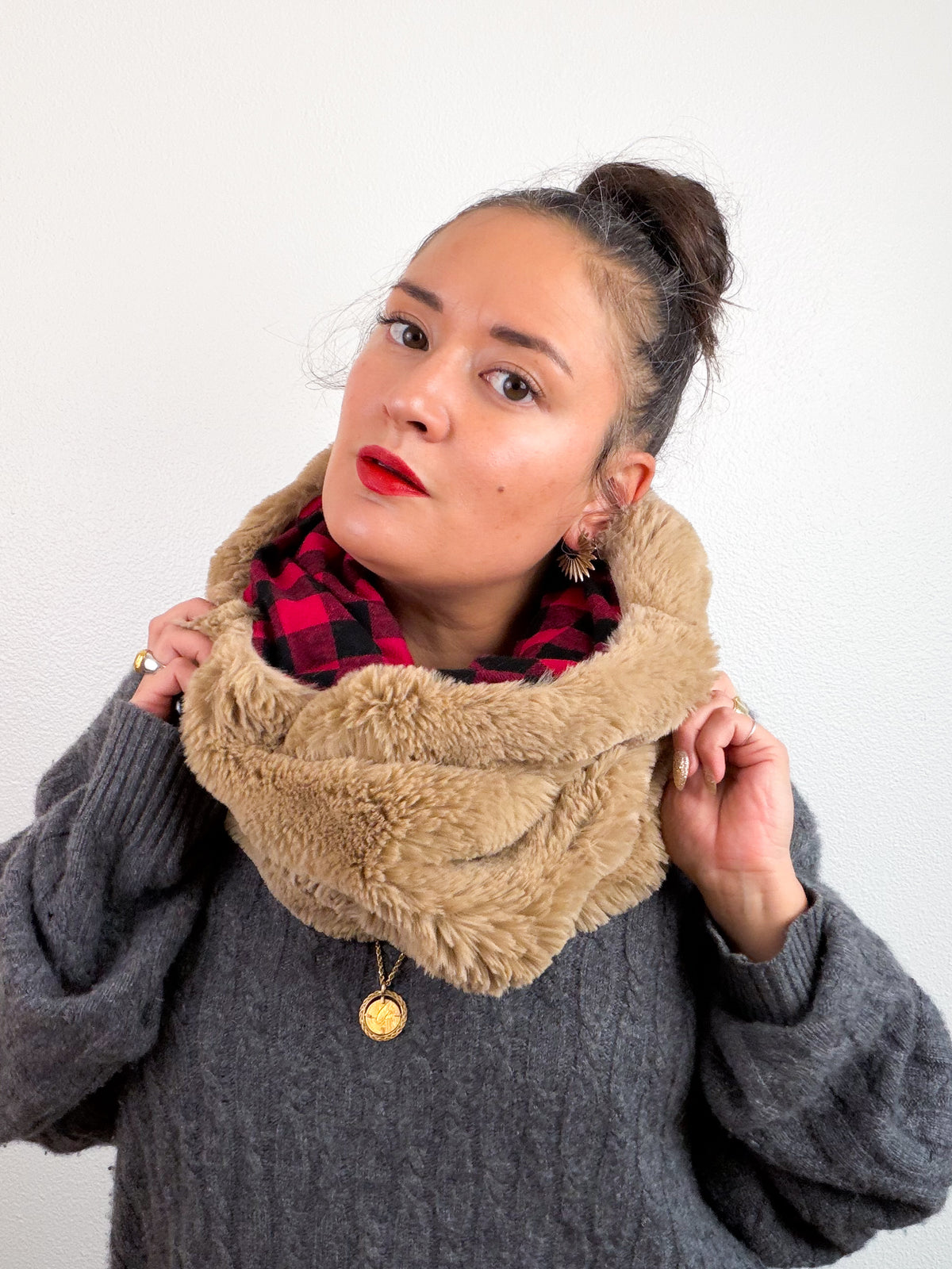 Faux Fur Cowl Scarf Tan Red Plaid