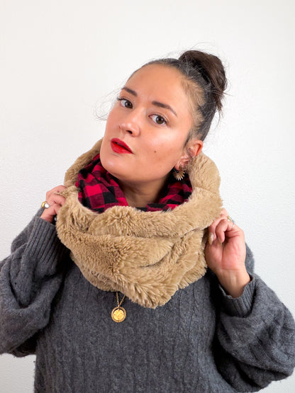 Faux Fur Cowl Scarf Tan Red Plaid