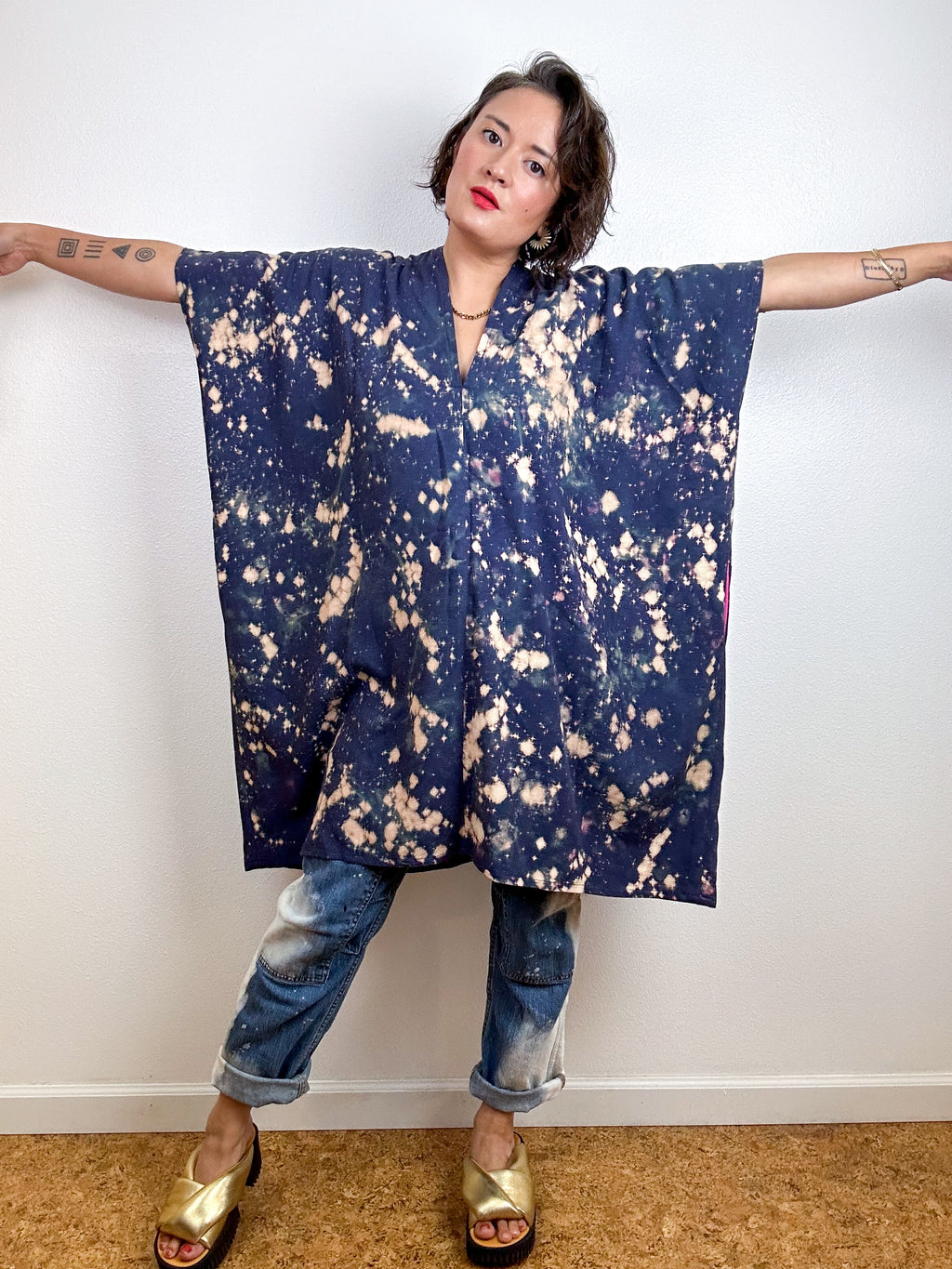 Oversized Hand-dyed Linen Blend Smock Dress Indigo Bleach Speckle