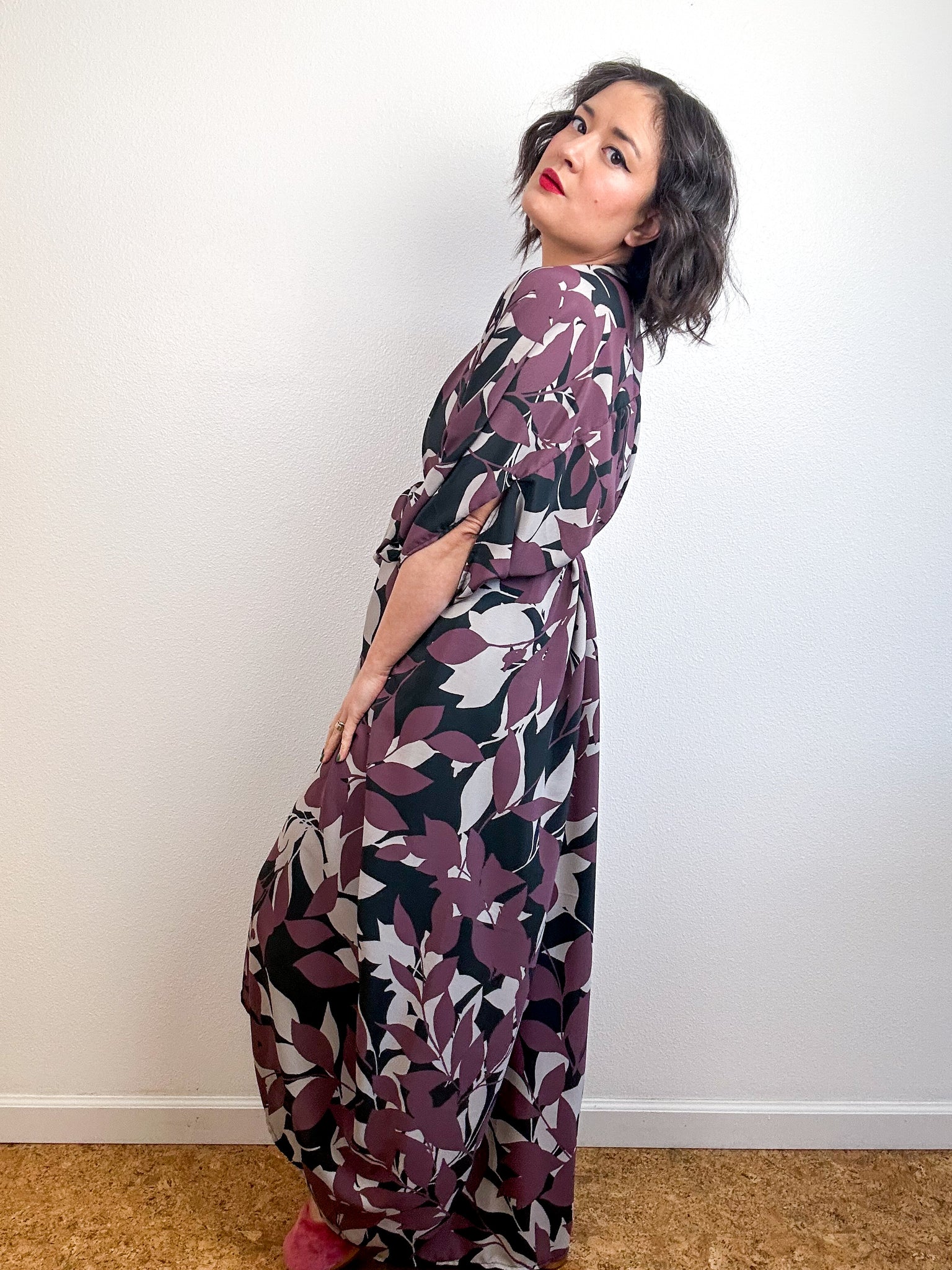 Print High Low Kimono Plum Leaves Georgette