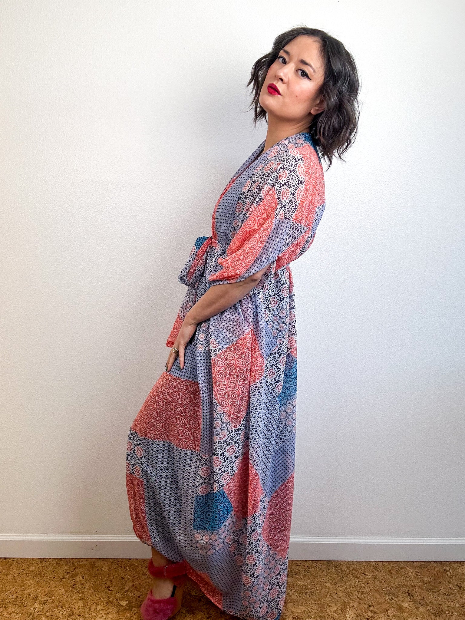 Print High Low Kimono Scarlet Blue Scarf Print Chiffon