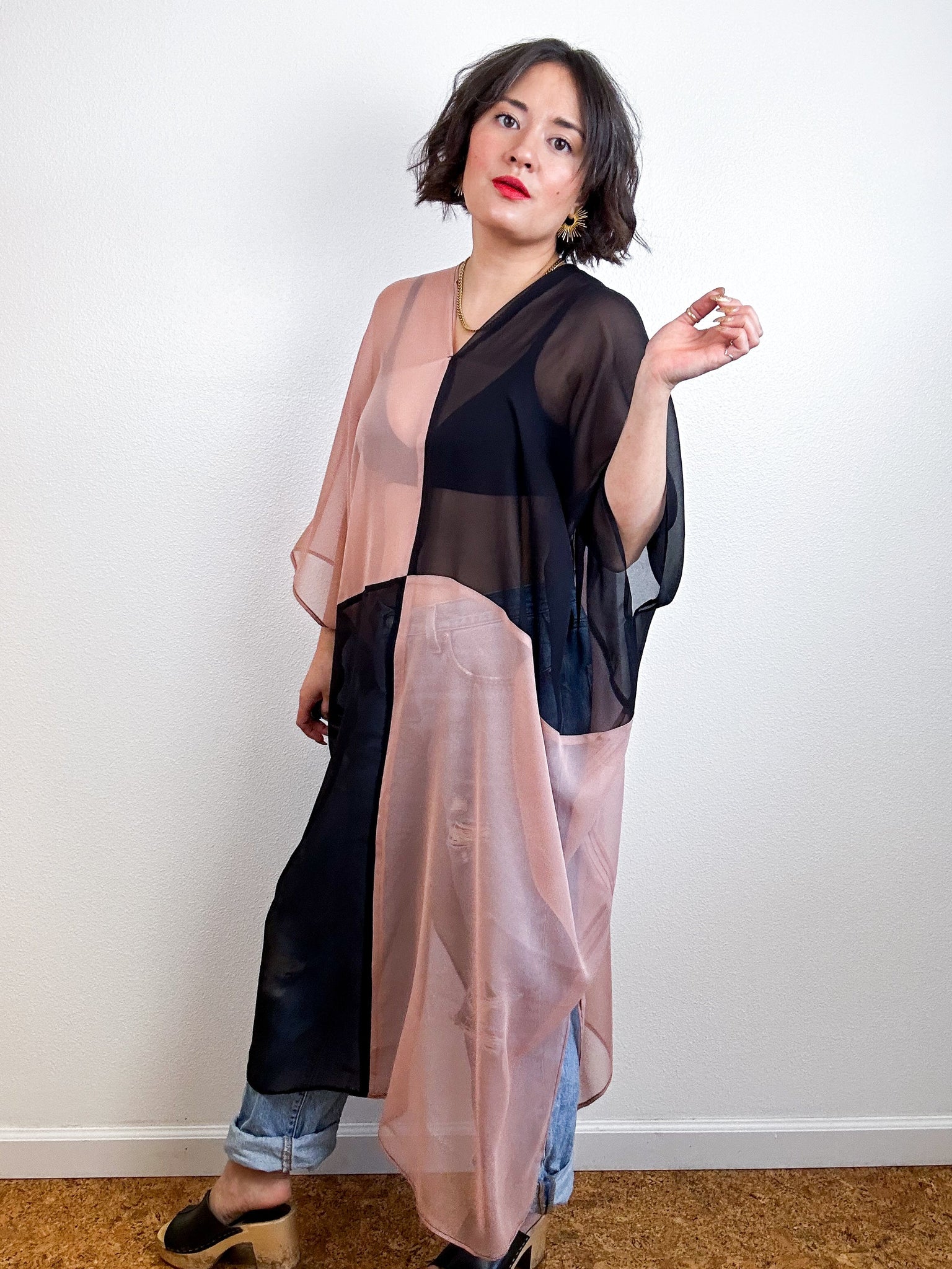 Reserved for Cathy SILK Color Block Midi Caftan Dress Blush Black