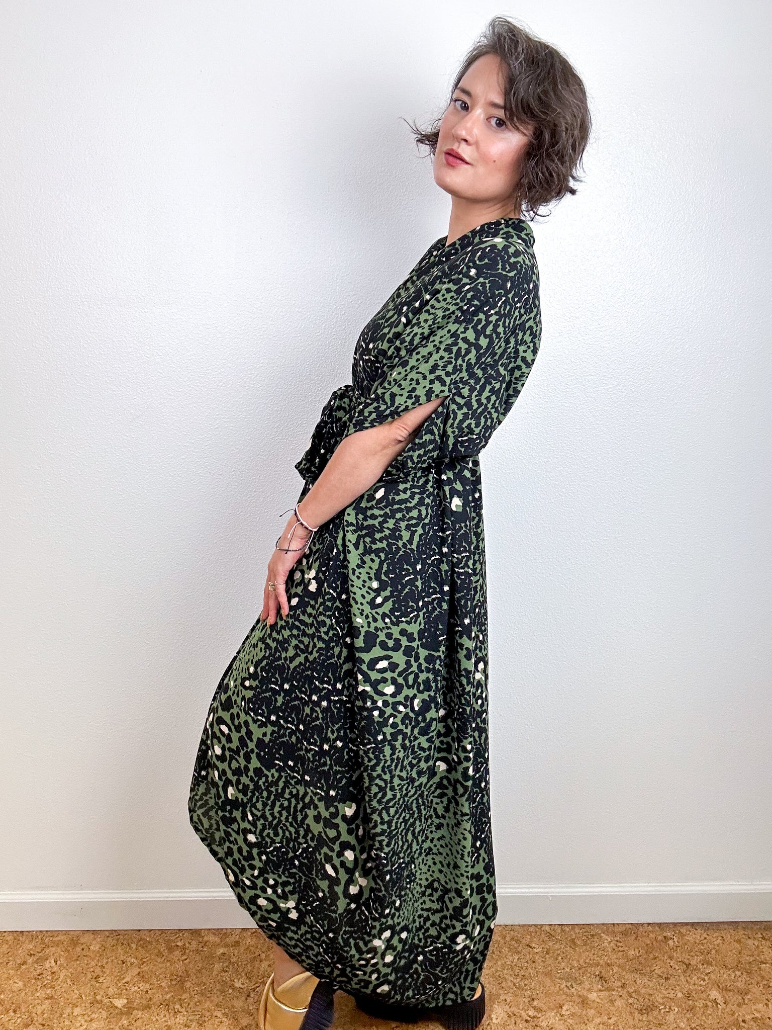 High Low Kimono Olive Leopard Bubble Crepe