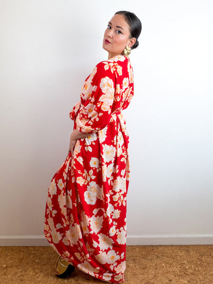 Print High Low Kimono Red Yellow Floral Bubble Crepe