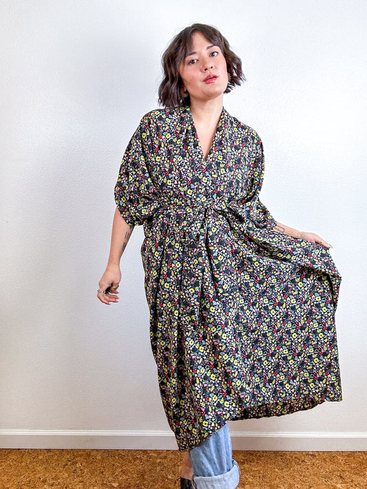 Print High Low Kimono Black Citron Mini Floral Crepe de Chine