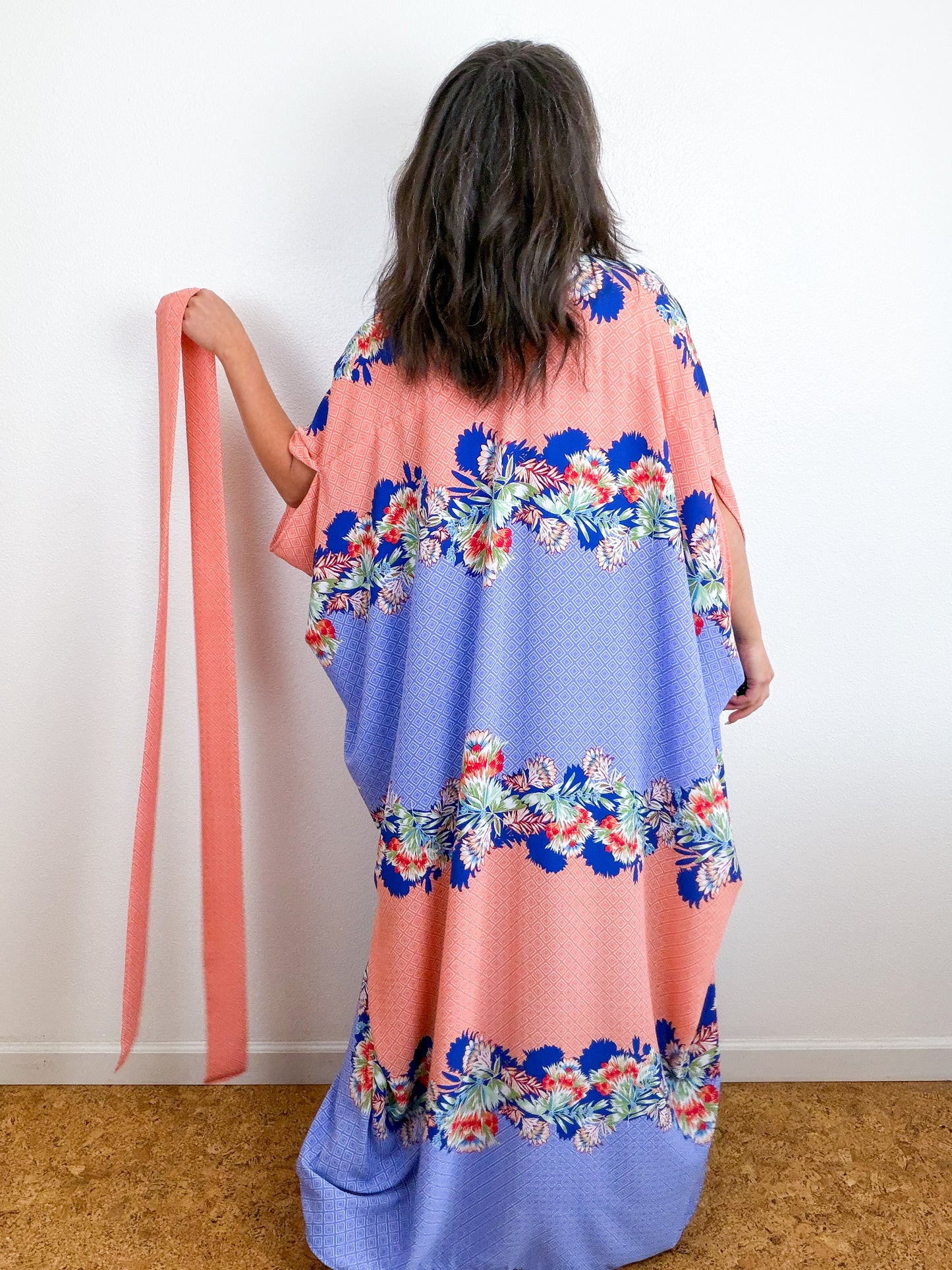 Print High Low Kimono Peach Blue Layered Tropical Bubble Crepe