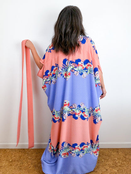 Print High Low Kimono Peach Blue Layered Tropical Bubble Crepe
