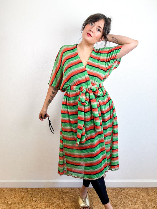 Print Duster Kimono Green Orange Stripe Crochet Knit